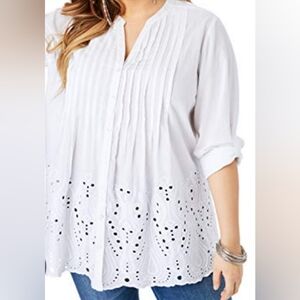 Roaman's White Eyelet Pintuck Button-Up Blouse